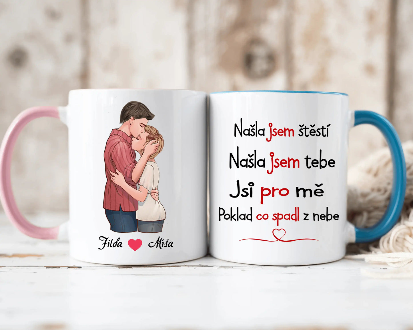 Hrnek - Objímající se pár - Našla jsem štěstí. Našla jsem tebe. Jsi pro mě poklad co spadl z nebe - Climo.cz
