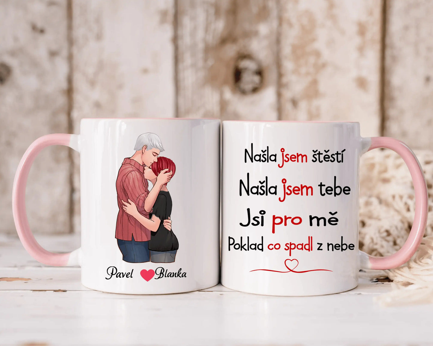 Hrnek - Objímající se pár - Našla jsem štěstí. Našla jsem tebe. Jsi pro mě poklad co spadl z nebe - Climo.cz