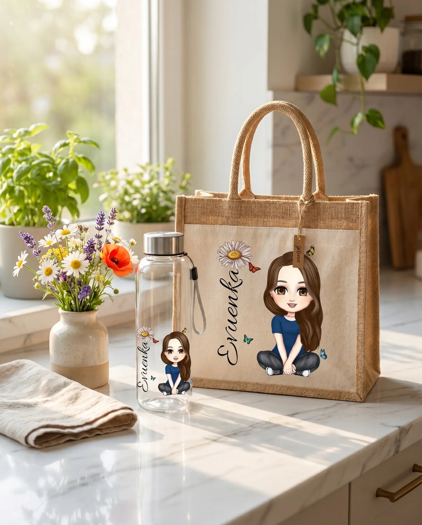 Personalizovaný set: Láhev na pití + Jutová taška 💛