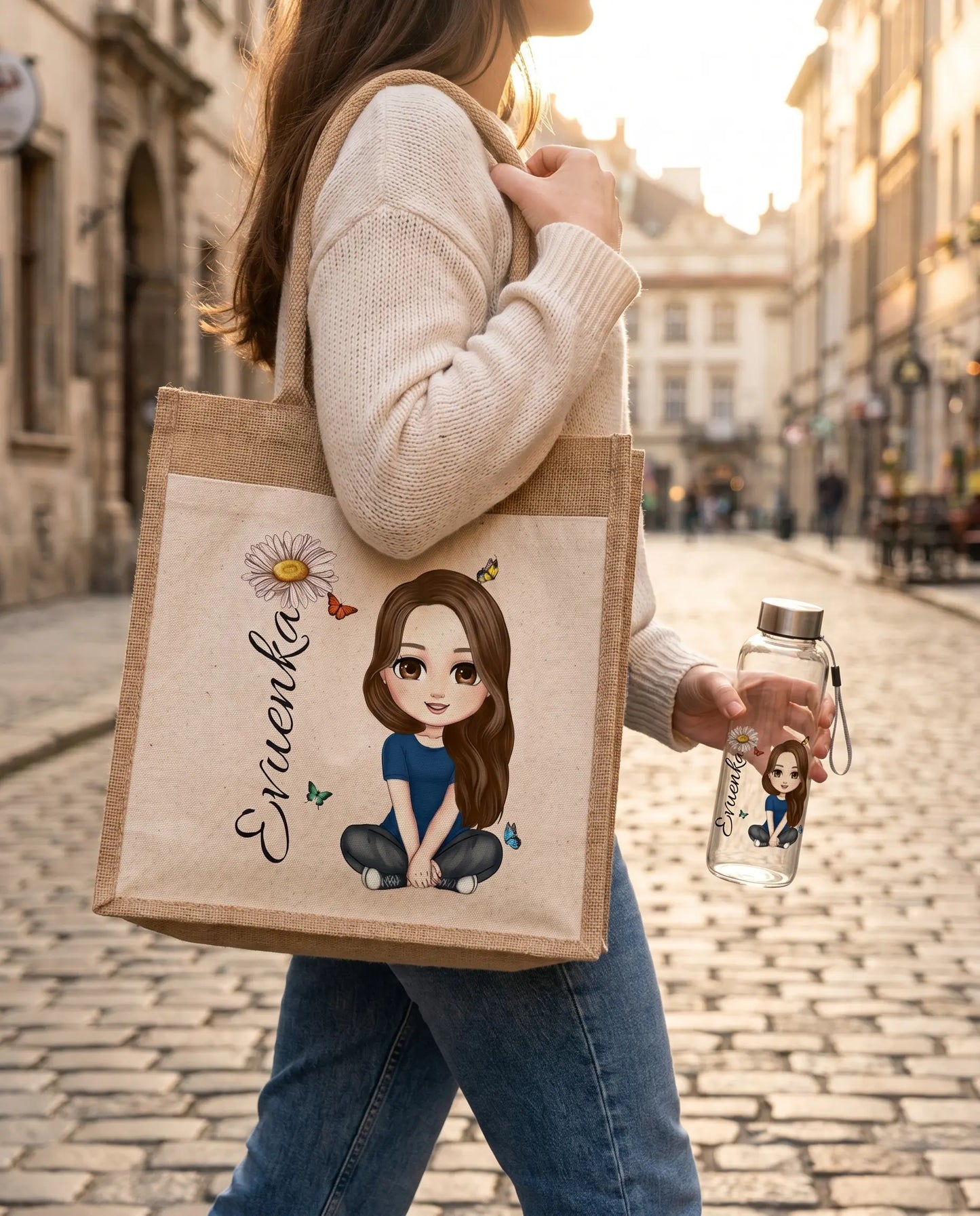 Personalizovaný set: Láhev na pití + Jutová taška 💛