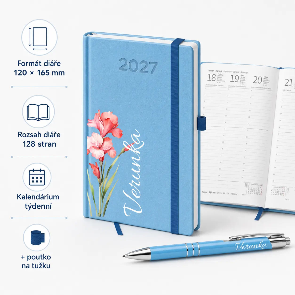 Personalizovaný týdenní diář B6 2027 s propiskou – set se jménem