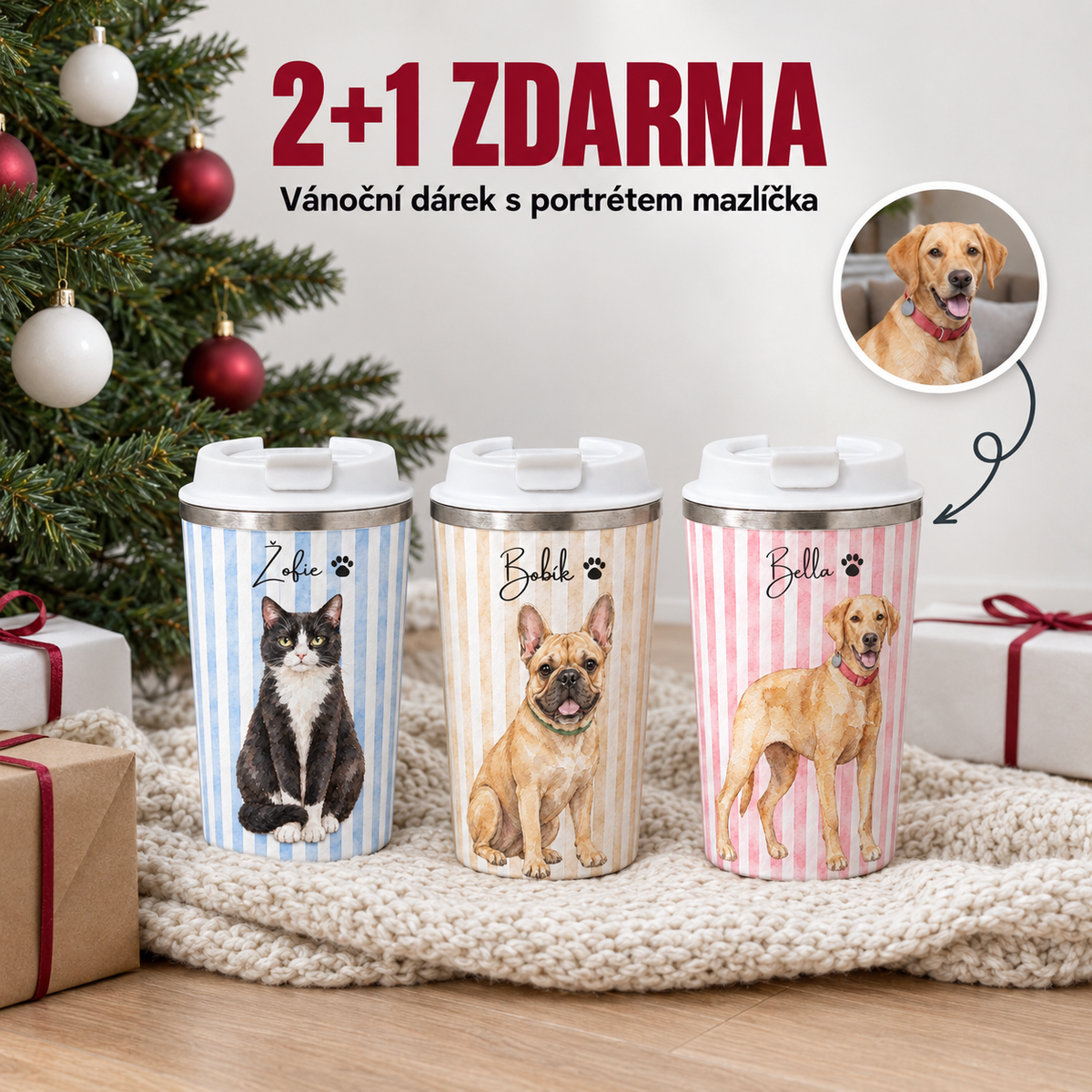 Dvoustěnný termohrnek 350 ml - akvarelový portrét mazlíčka se jménem