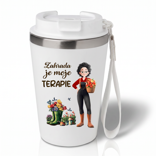Dvoustěnný termohrnek s popruhem 350 ml - Zahrada je moje terapie