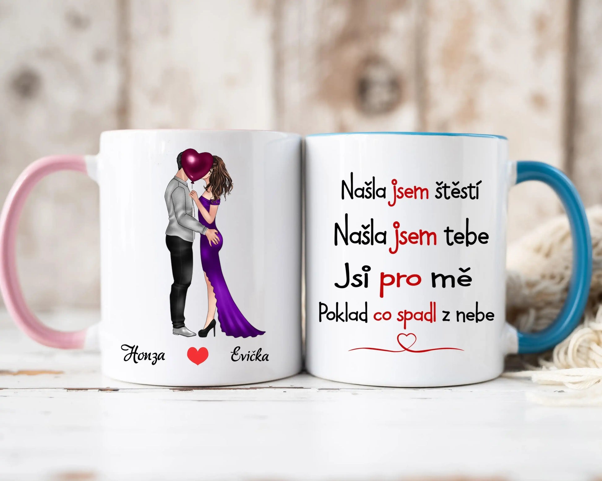 Hrnek - Líbající se pár - Našla jsem štěstí. Našla jsem tebe, Jsi pro mě poklad co spadl z nebe, - Climo.cz